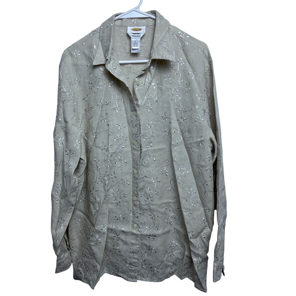 Talbots Irish Linen Embroidered Floral Shirt Beige LS Button Down L Lagenlook